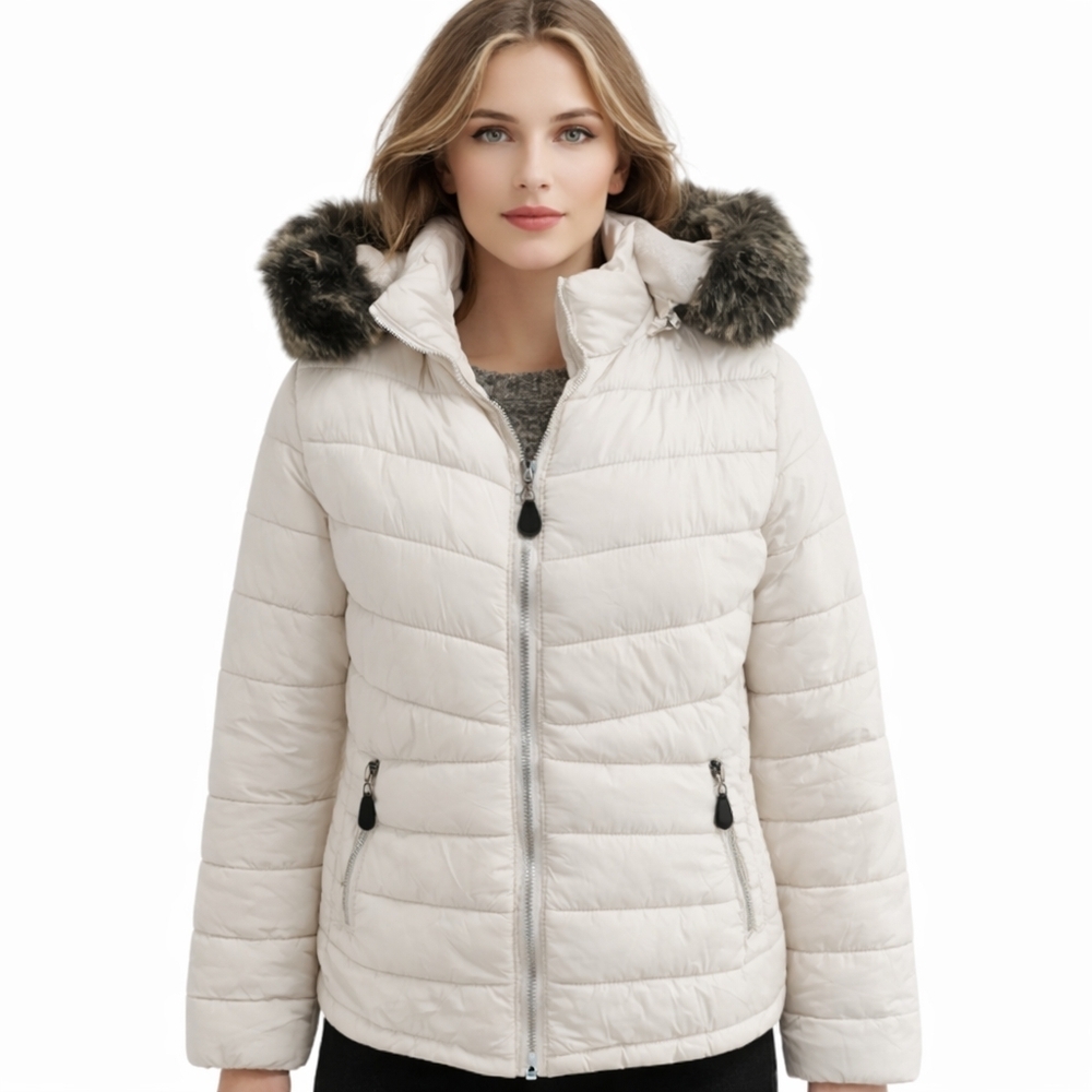 How Dare U White Faux Fur Lined Puffer Jacket Removable Hood Sz M Open To Offers